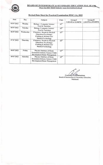 Revised Date Sheet for Practical Exami