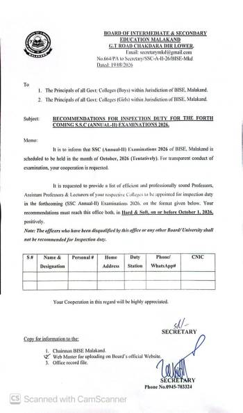 Recommendation for Inspection duty for the forthcoming SSC Annual-II 2026 Examin